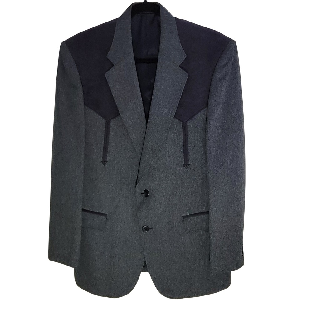 Circle S Western Blazer Mens 40R Grey Navy Blue Two Tone Yoke Sport Coat
